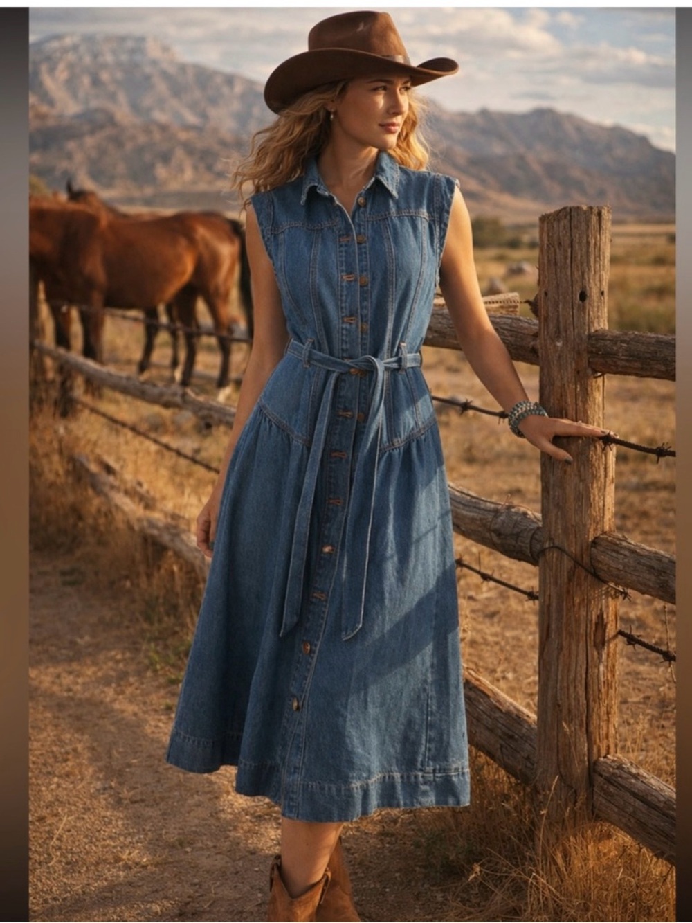 Sleeveless Button-Front Denim Midi Dress - Blue